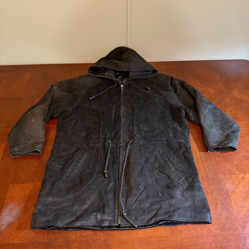 Vintage Wilsons Leather Black Hooded Parka Jacket Mens Medium 90s
